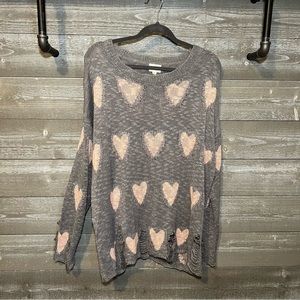 BiBi | Distressed Gray Loose Fit Sweater | Light Pink Heart Pattern | XL